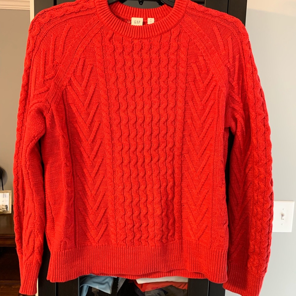 Bright red GAP crew neck cable knit sweater
